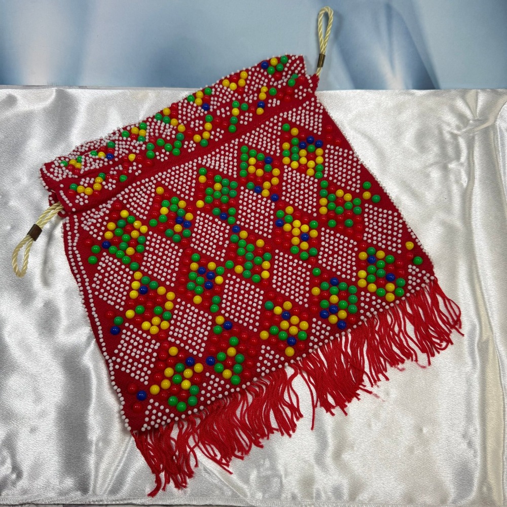 VTG Beaded Drawstring Pouch Women Small Red Multi Color Fringe Retro Kitsch 70s